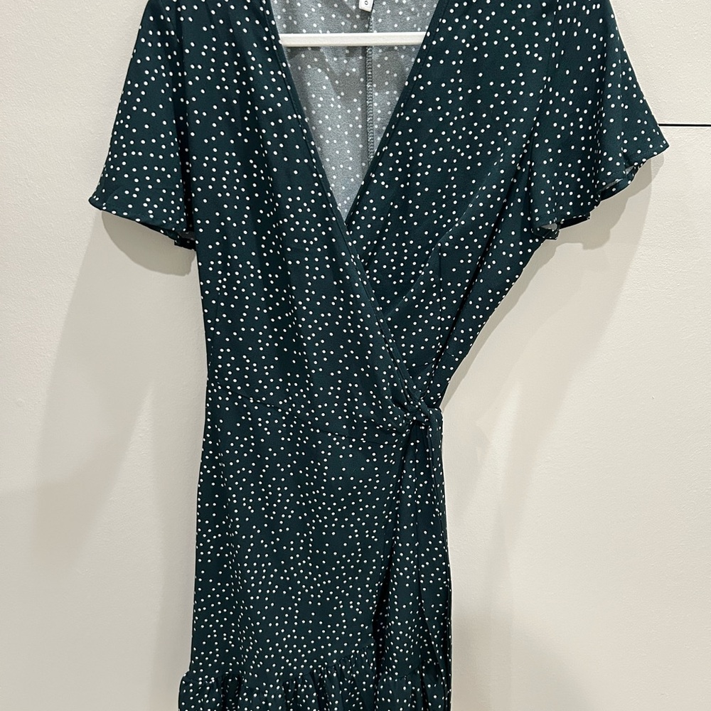 Elegant Green Polka Dot Wrap Dress w/ruffle bottom